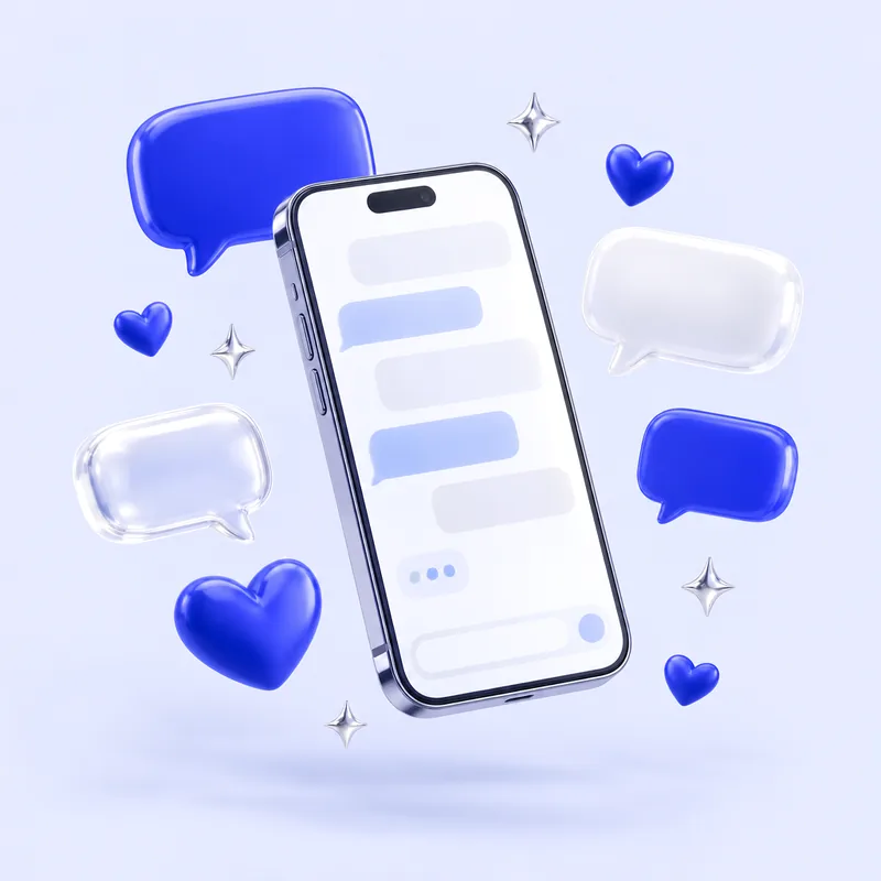 Chat bubbles and hearts floating around a phone