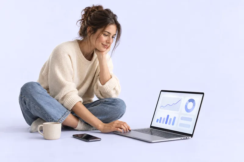 A marketer reviewing an affiliate revenue dashboard on a laptop