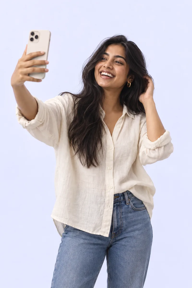 A creator filming a video of herself on her phone