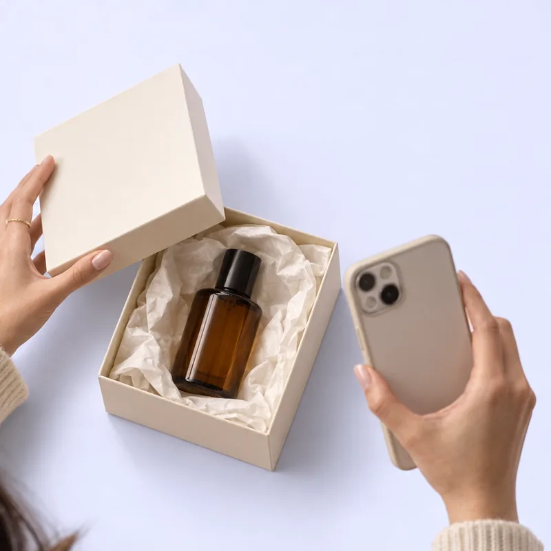 Hands filming a product unboxing for social media